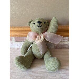 Green Vintage Teddy Bear With Lace Collar & Pink Bow & Moveable Limbs